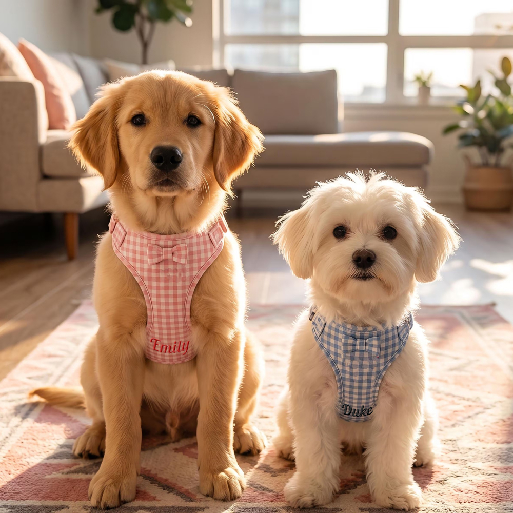 Personalized Embroidered Gingham Bow Dog Harness & Leash Set | MNAccs94