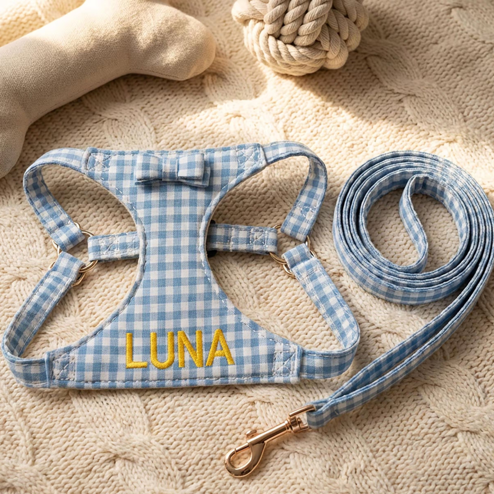 Personalized Embroidered Gingham Bow Dog Harness & Leash Set | MNAccs94