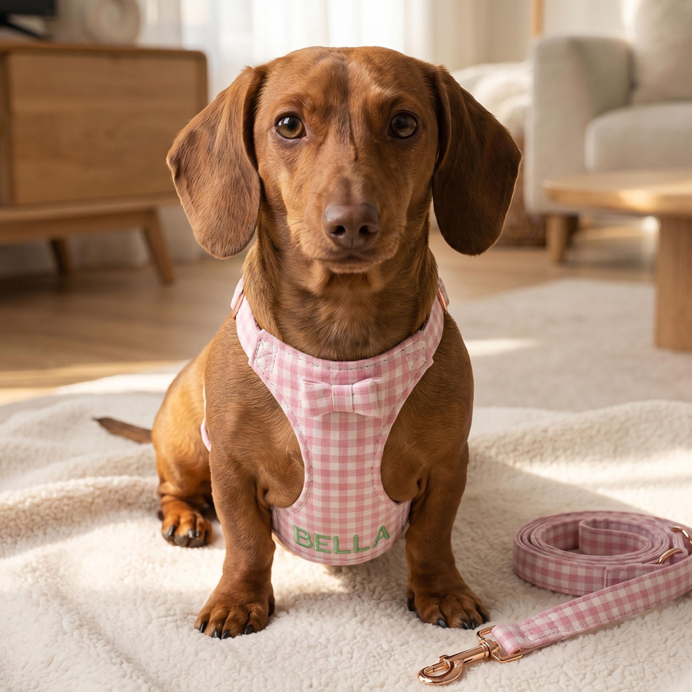 Personalized Embroidered Gingham Bow Dog Harness & Leash Set | MNAccs94