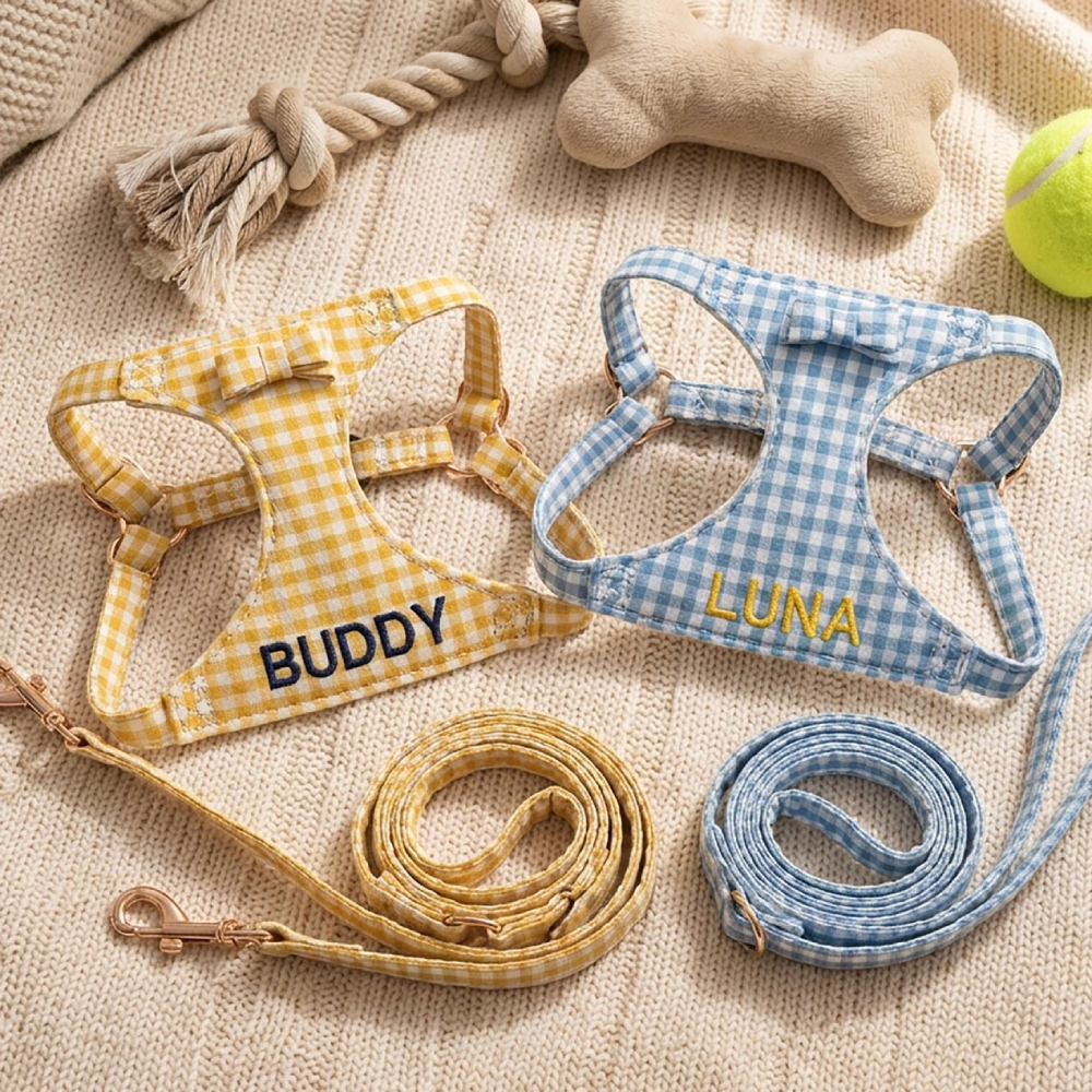 Personalized Embroidered Gingham Bow Dog Harness & Leash Set | MNAccs94