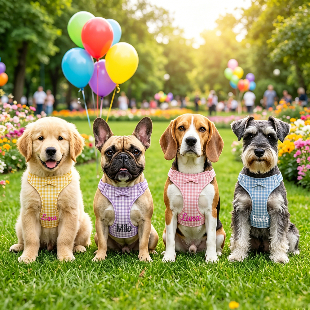 Personalized Embroidered Gingham Bow Dog Harness & Leash Set | MNAccs94