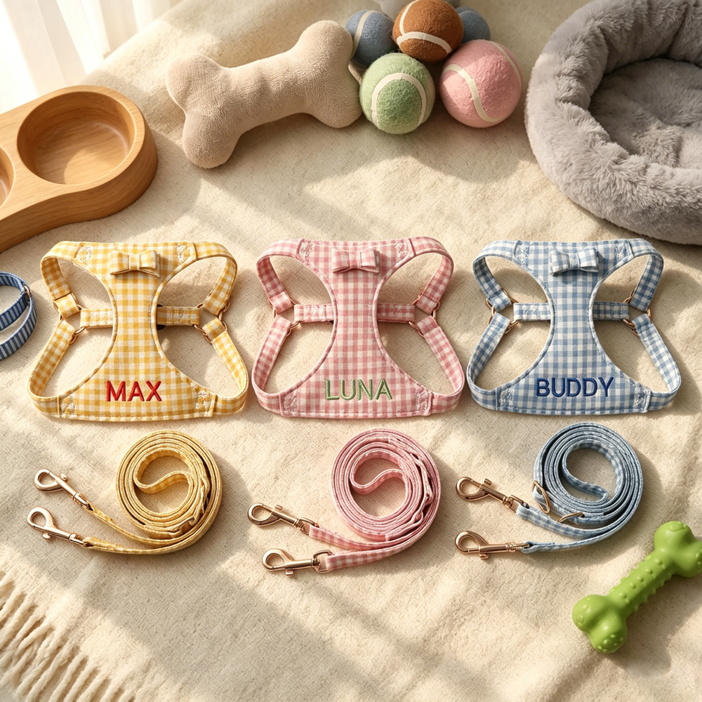 Personalized Embroidered Gingham Bow Dog Harness & Leash Set | MNAccs94