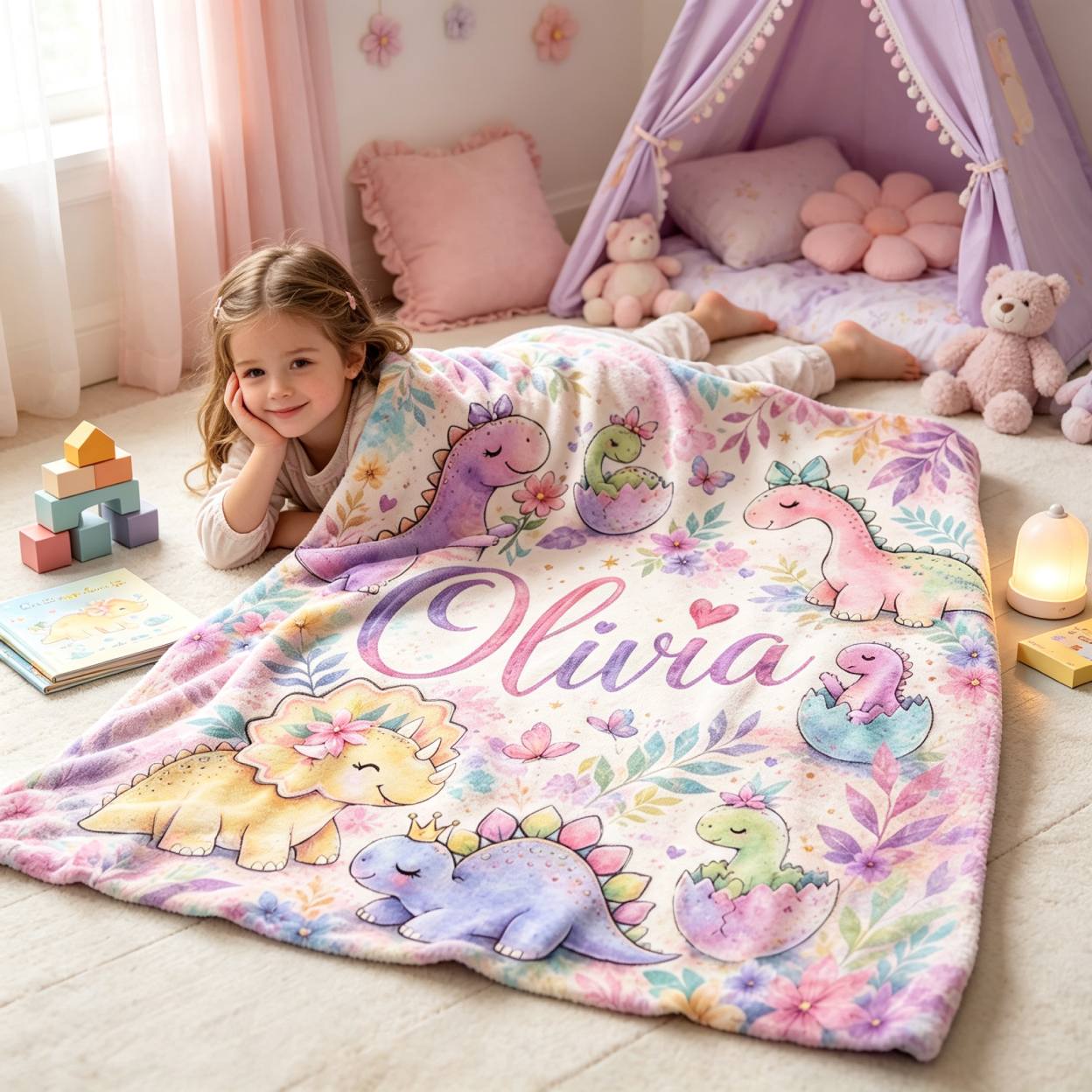 Personalized Pastel Dino Dinosaur Bedding Blanket for Girls | MNHome104