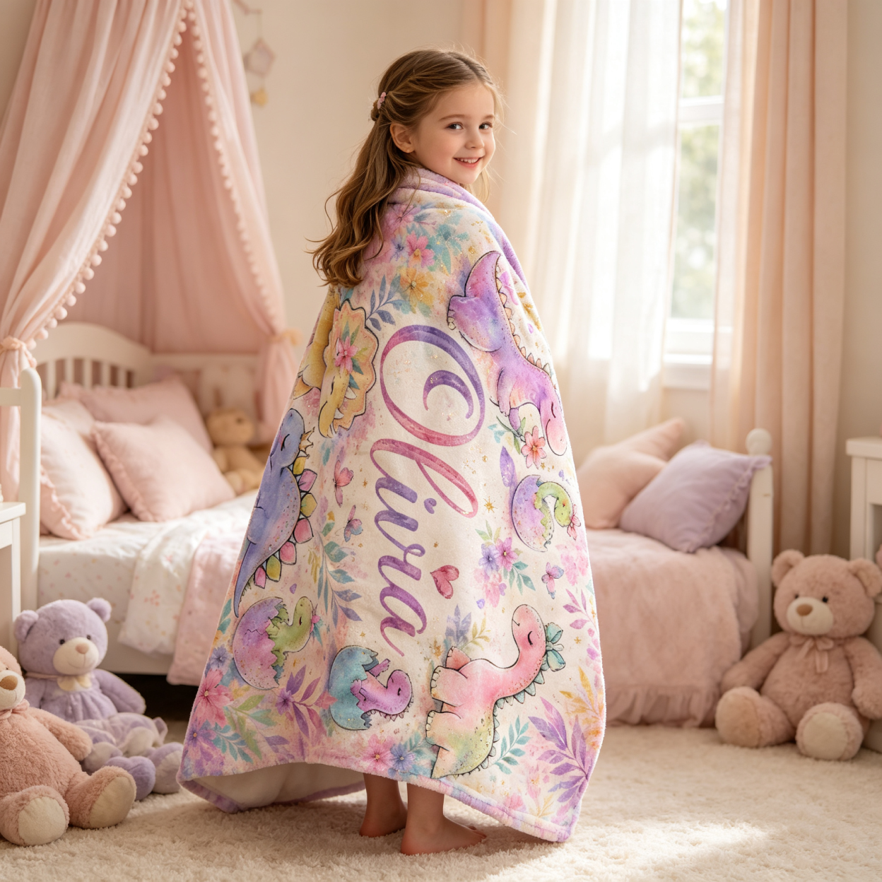 Personalized Pastel Dino Dinosaur Bedding Blanket for Girls | MNHome104