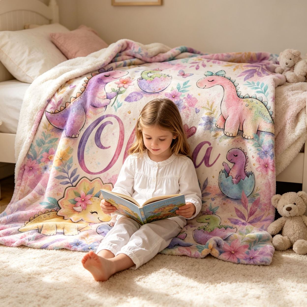 Personalized Pastel Dino Dinosaur Bedding Blanket for Girls | MNHome104