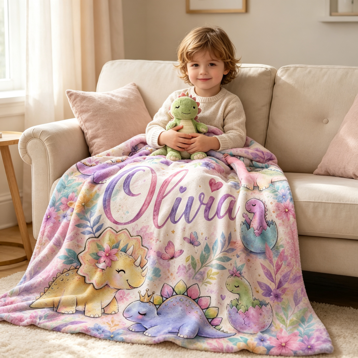 Personalized Pastel Dino Dinosaur Bedding Blanket for Girls | MNHome104