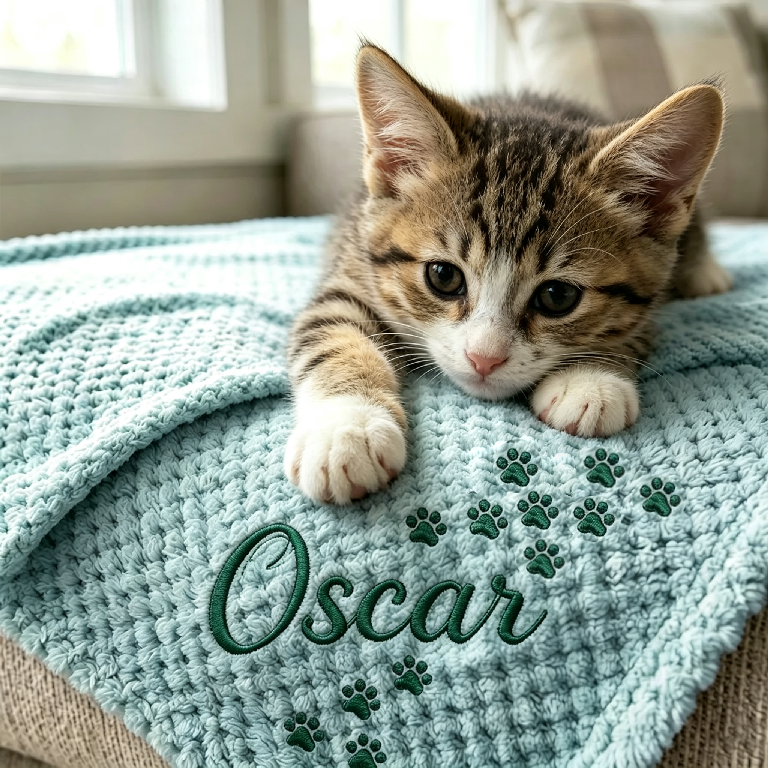 Personalized Hand Embroidered Kitty Blanket with Name & Paw Print | MNHome10501