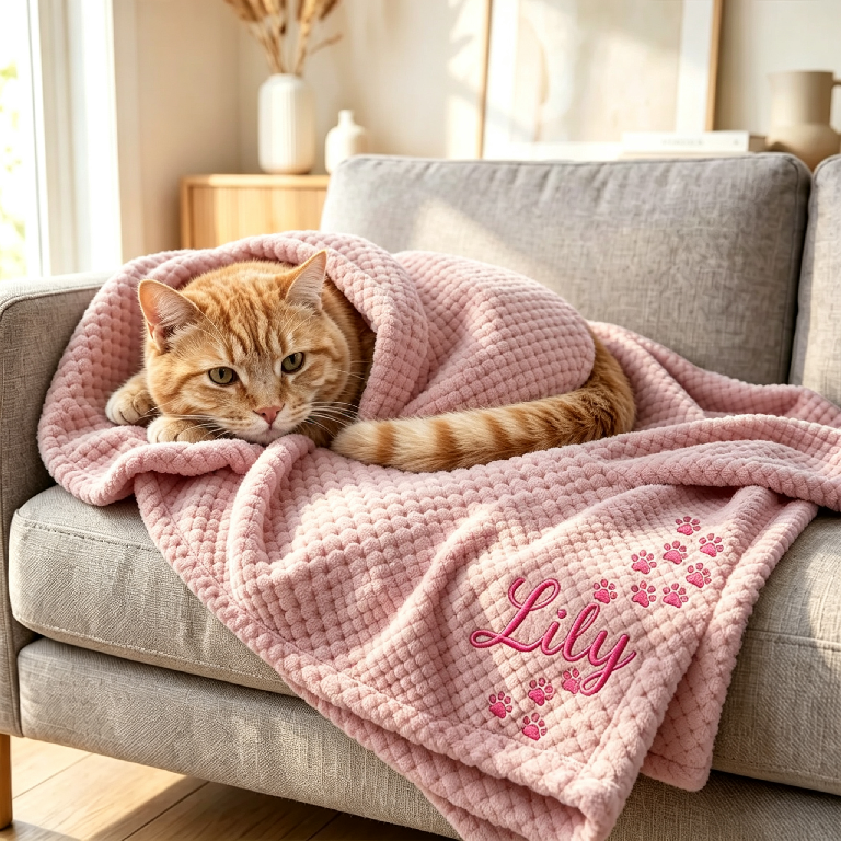 Personalized Hand Embroidered Kitty Blanket with Name & Paw Print | MNHome10501