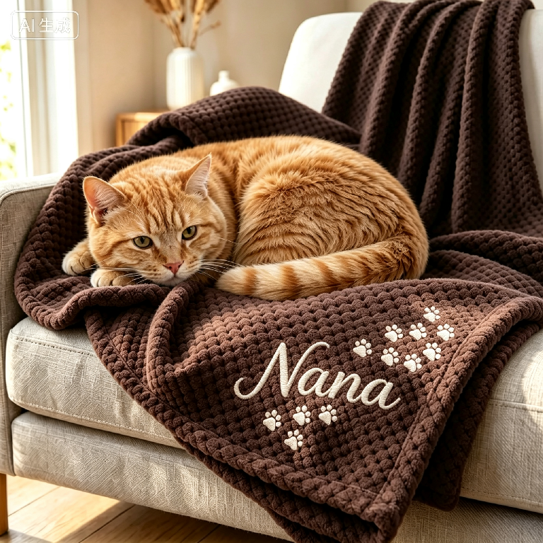 Personalized Hand Embroidered Kitty Blanket with Name & Paw Print | MNHome10501