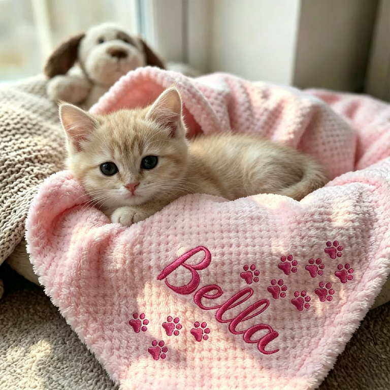Personalized Hand Embroidered Kitty Blanket with Name & Paw Print | MNHome10501