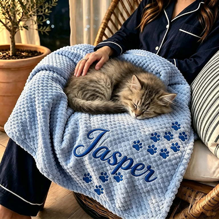 Personalized Hand Embroidered Kitty Blanket with Name & Paw Print | MNHome10501