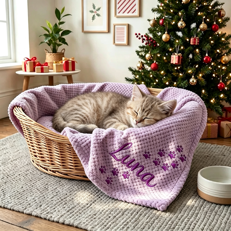 Personalized Hand Embroidered Kitty Blanket with Name & Paw Print | MNHome10501