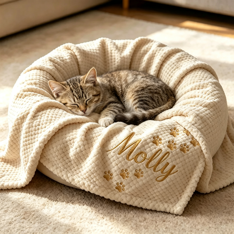 Personalized Hand Embroidered Kitty Blanket with Name & Paw Print | MNHome10501
