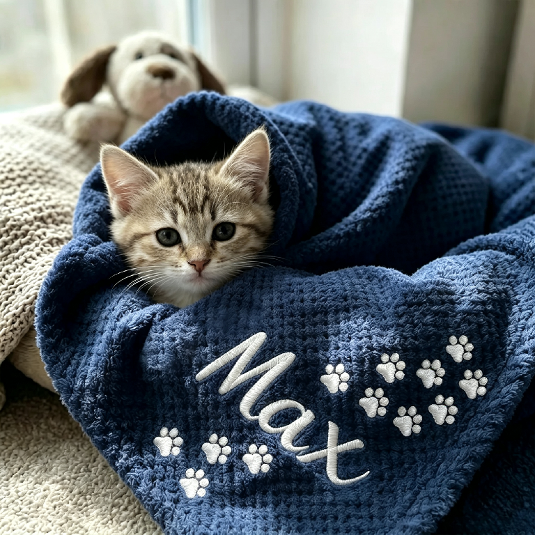 Personalized Hand Embroidered Kitty Blanket with Name & Paw Print | MNHome10501
