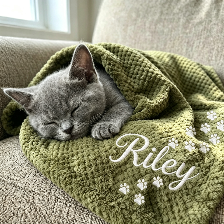 Personalized Hand Embroidered Kitty Blanket with Name & Paw Print | MNHome10501