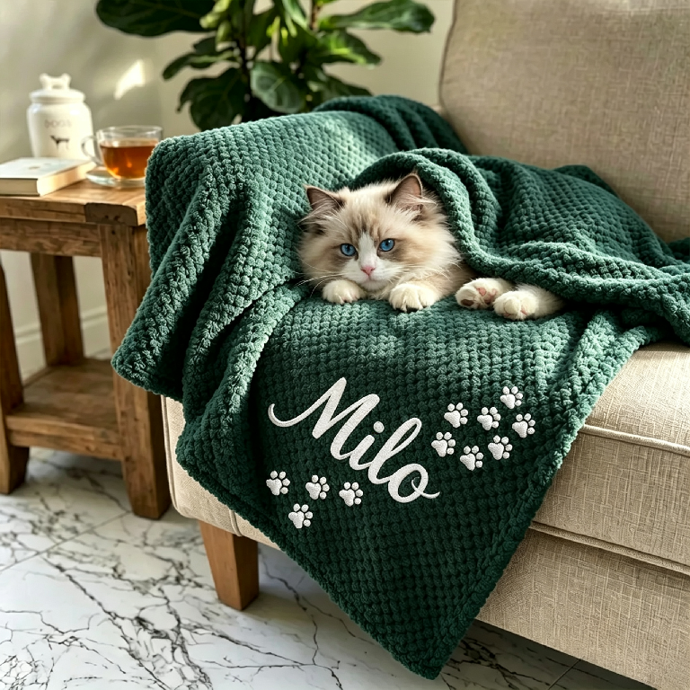 Personalized Hand Embroidered Kitty Blanket with Name & Paw Print | MNHome10501