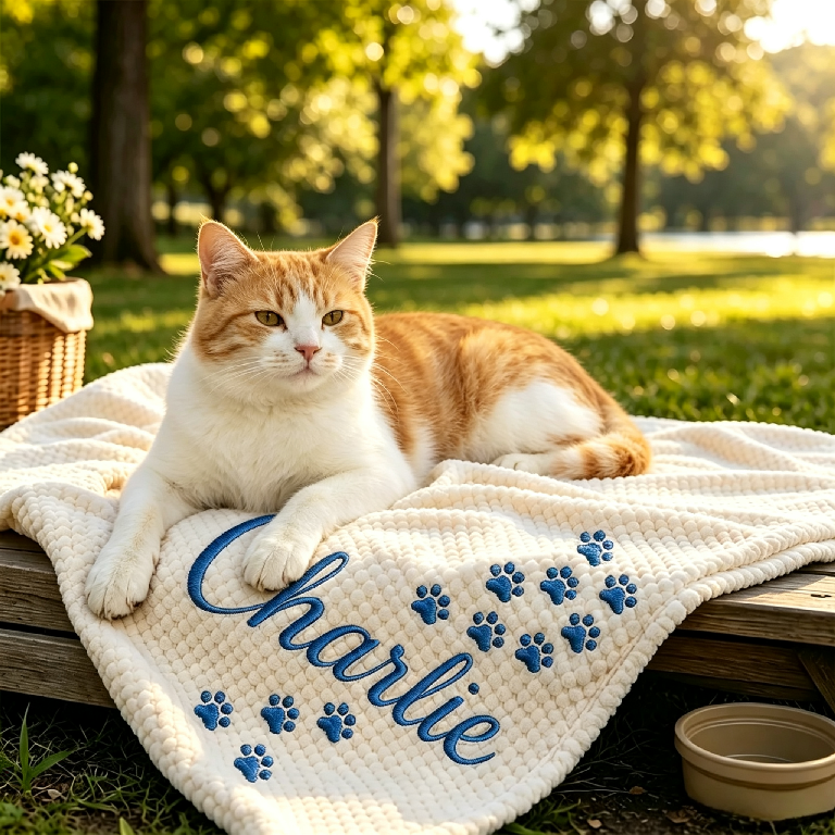 Personalized Hand Embroidered Kitty Blanket with Name & Paw Print | MNHome10501