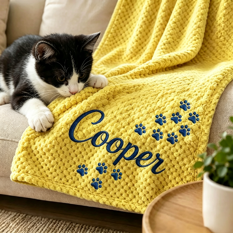Personalized Hand Embroidered Kitty Blanket with Name & Paw Print | MNHome10501