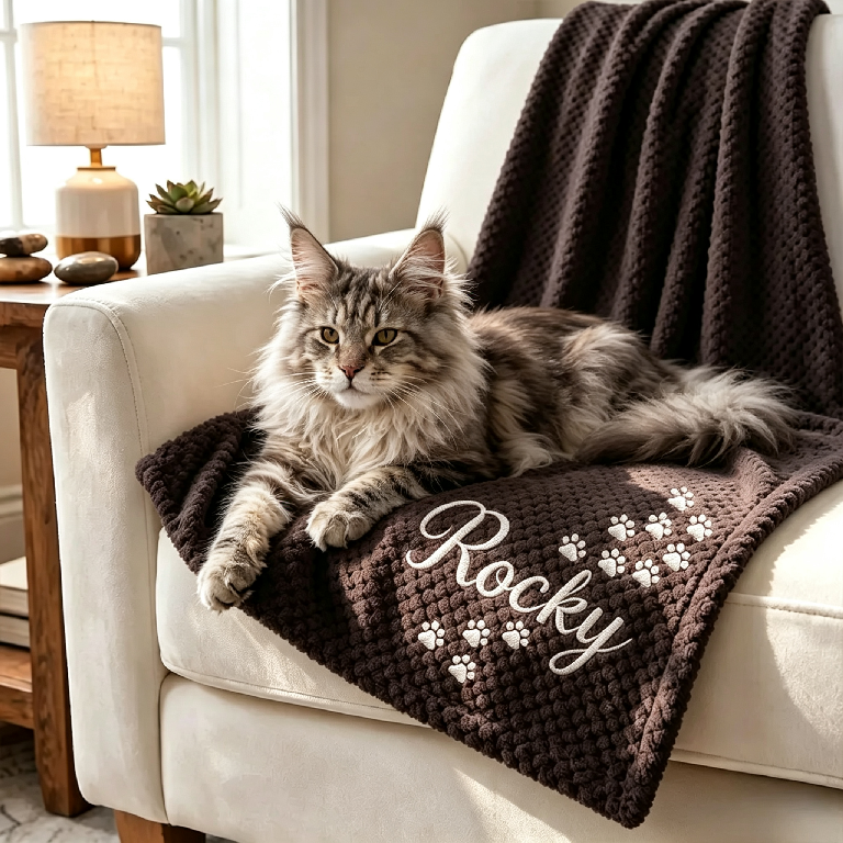 Personalized Hand Embroidered Kitty Blanket with Name & Paw Print | MNHome10501