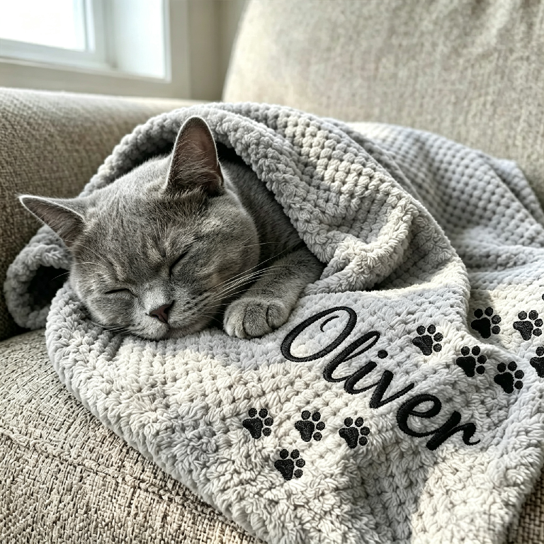 Personalized Hand Embroidered Kitty Blanket with Name & Paw Print | MNHome10501