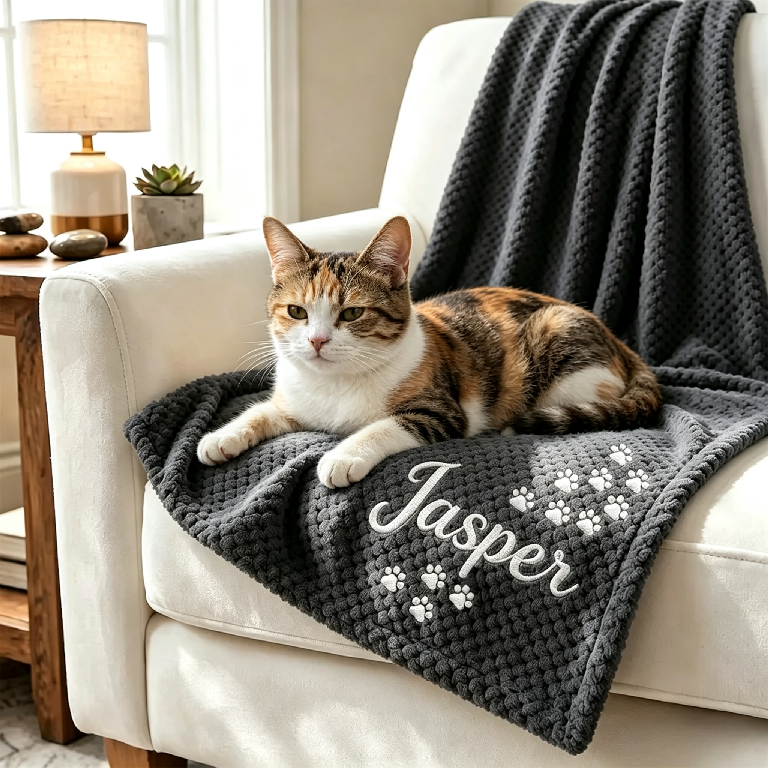 Personalized Hand Embroidered Kitty Blanket with Name & Paw Print | MNHome10501