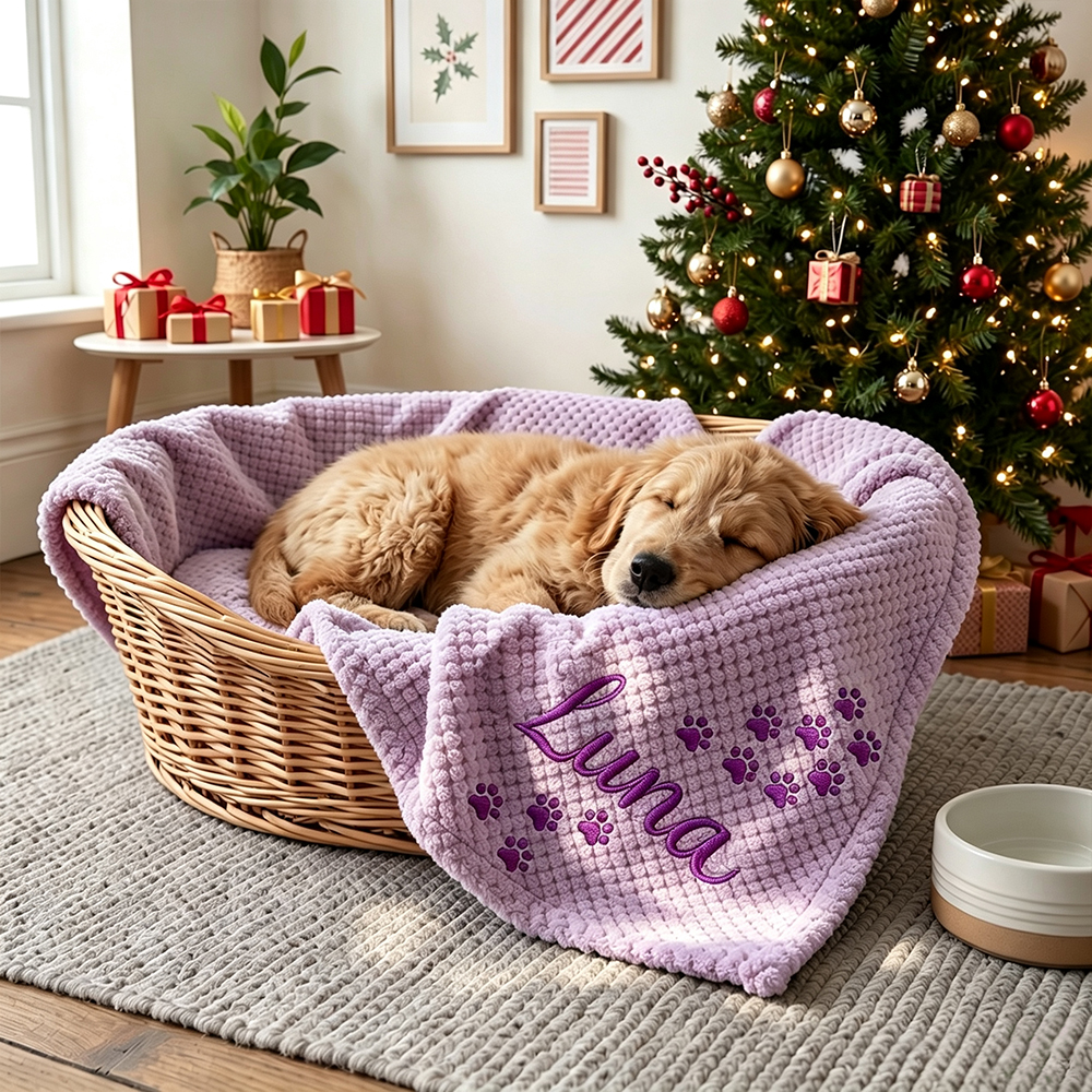 Personalized Embroidered Puppy Blanket with Name & Paw Print | MNHome105