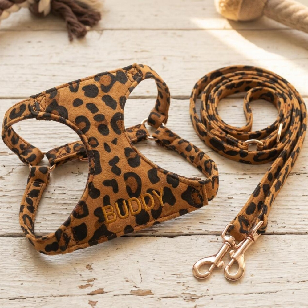 Personalized Embroidered Pet Leopard Print Harness Leash Set | MNAccs86