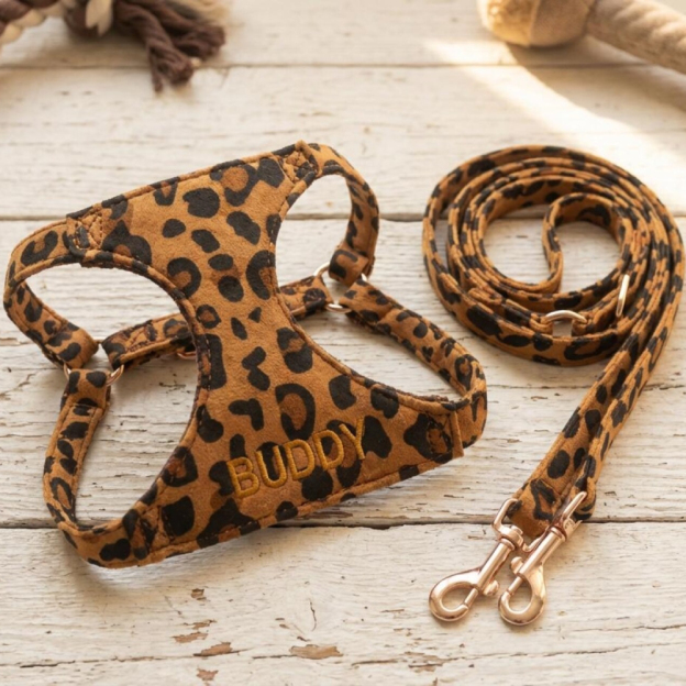 Personalized Embroidered Pet Leopard Print Harness Leash Set | MNAccs86