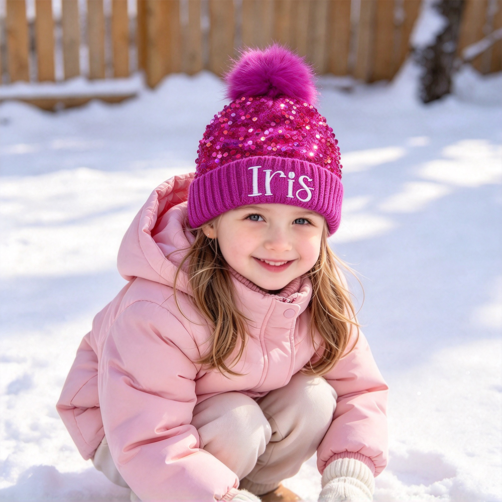 Personalized Embroidered Kids Sequin Pom Pom Hat | MNKid14