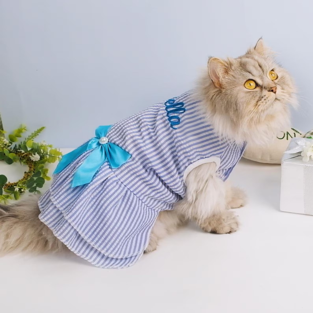 Personalized Embroidery Striped Seersuker Cute Pet Dress with Bow | MNCloth206