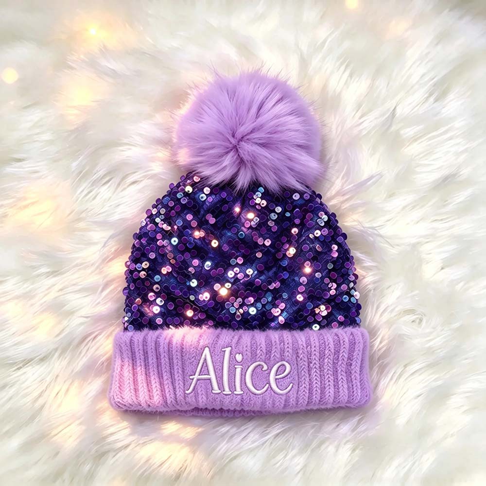 Personalized Embroidered Kids Sequin Pom Pom Hat | MNKid14