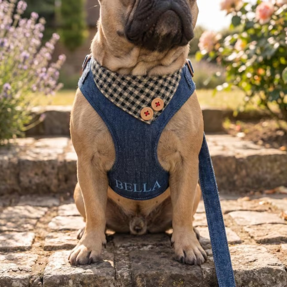 Personalized Embroidered Pet Denim Patchwork Checkered Harness Leash Set | MNAccs87