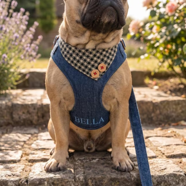 Personalized Embroidered Pet Denim Patchwork Checkered Harness Leash Set | MNAccs87