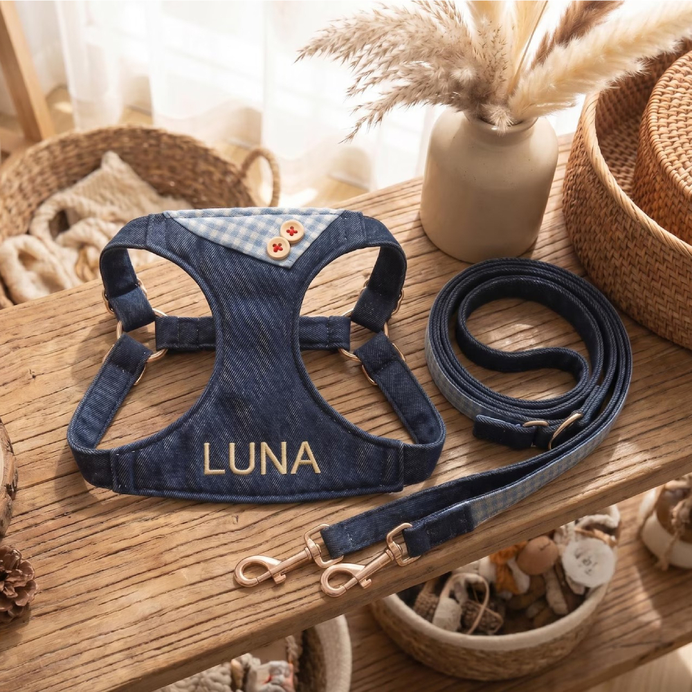 Personalized Embroidered Pet Denim Patchwork Checkered Harness Leash Set | MNAccs87