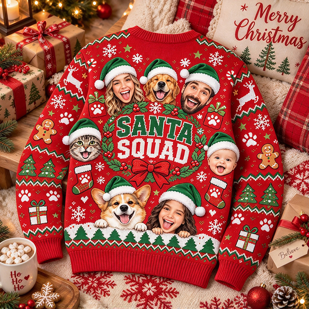 Personalized Funny Santa Squad Family Photo Sweater | MCCL05