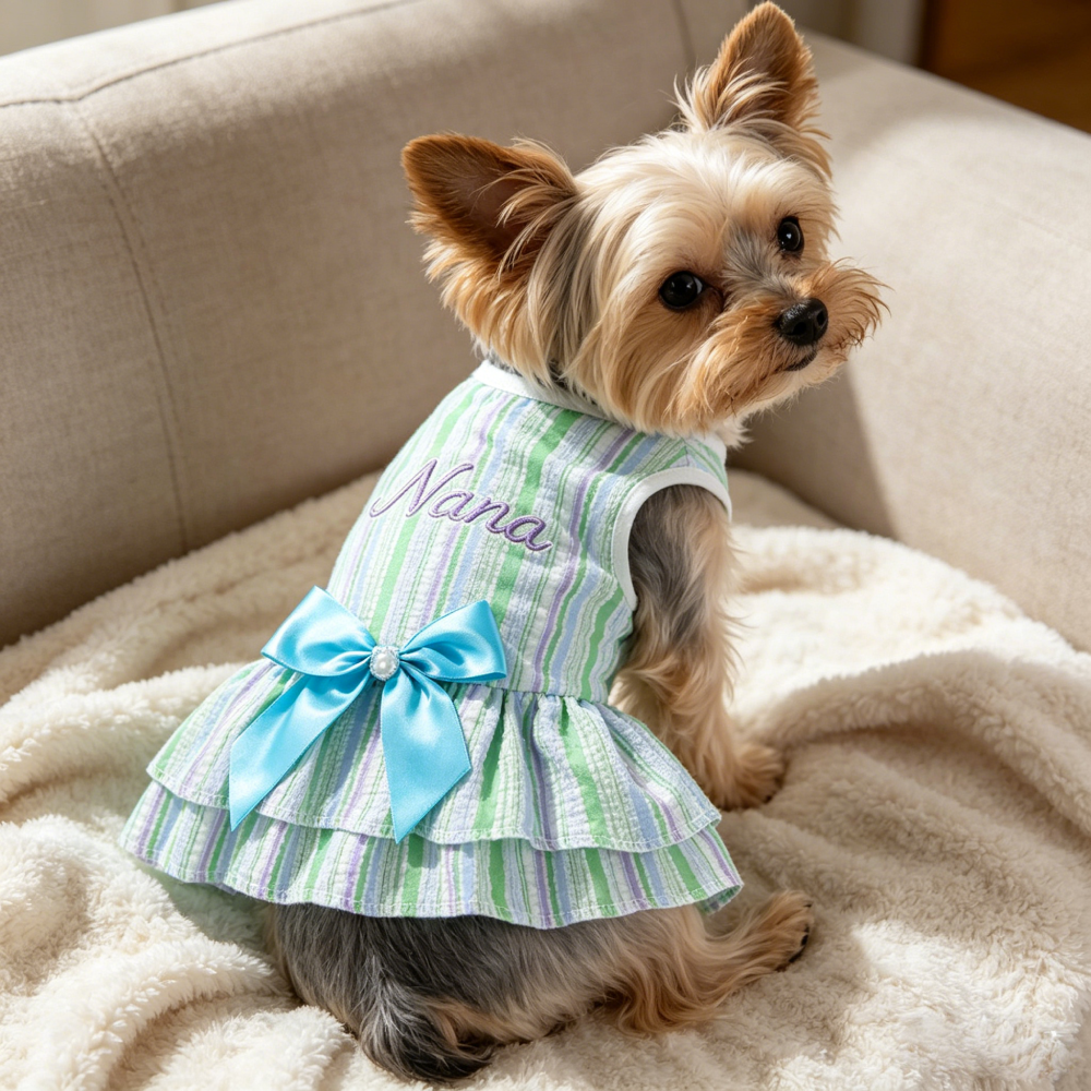 Personalized Embroidery Striped Seersuker Cute Pet Dress with Bow | MNCloth206