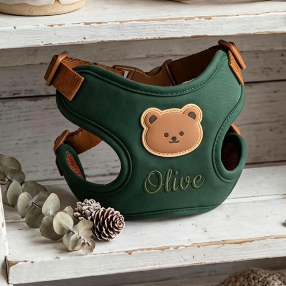 Personalized Embroidered Bear Patch Padded Dog Harness & Leash Set | MNAccs107