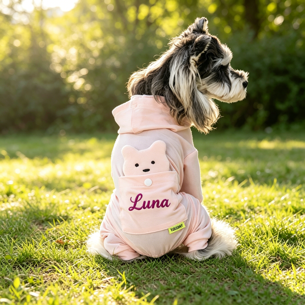 Personalized Embroidered Bear Pocket Four-Leg Dog Hooded Jumpsuit| MNCloth241