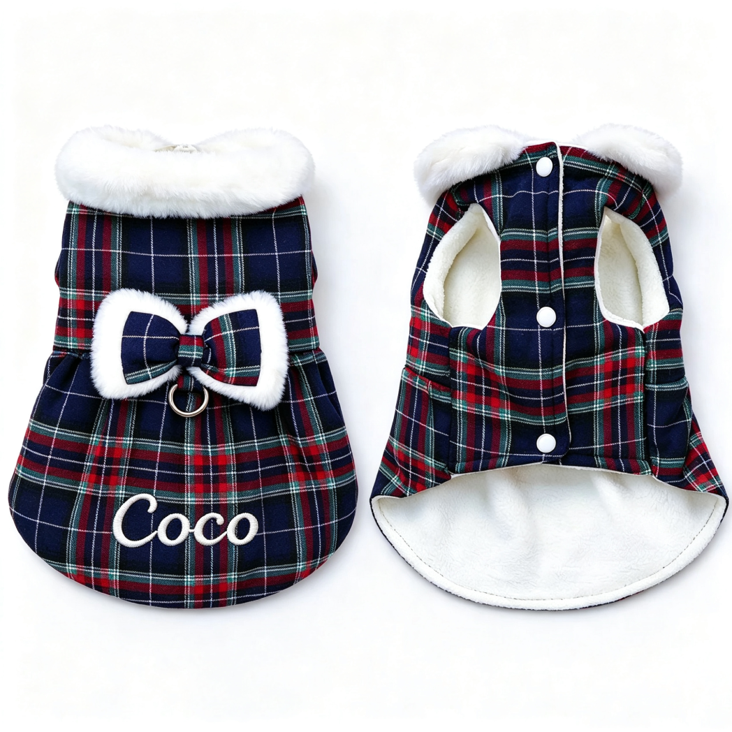 Personalized Embroidered Christmas Pet Plaid Dress with Bow | MNCloth293