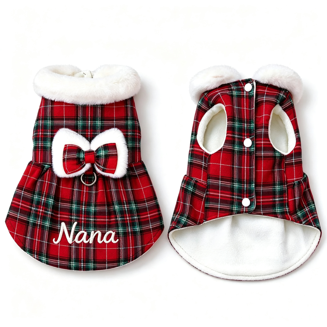Personalized Embroidered Christmas Pet Plaid Dress with Bow | MNCloth293