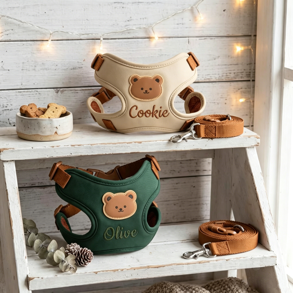Personalized Embroidered Bear Patch Padded Dog Harness & Leash Set | MNAccs107
