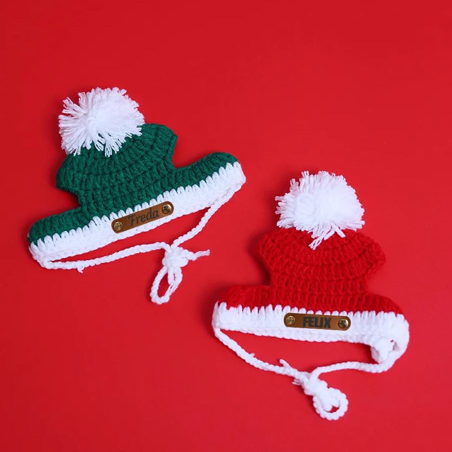 Personalized Leather Patch Crochet Christmas Pet Hat | MCGift86