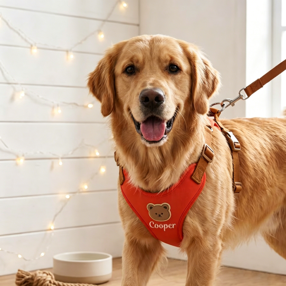 Personalized Embroidered Bear Patch Padded Dog Harness & Leash Set | MNAccs107