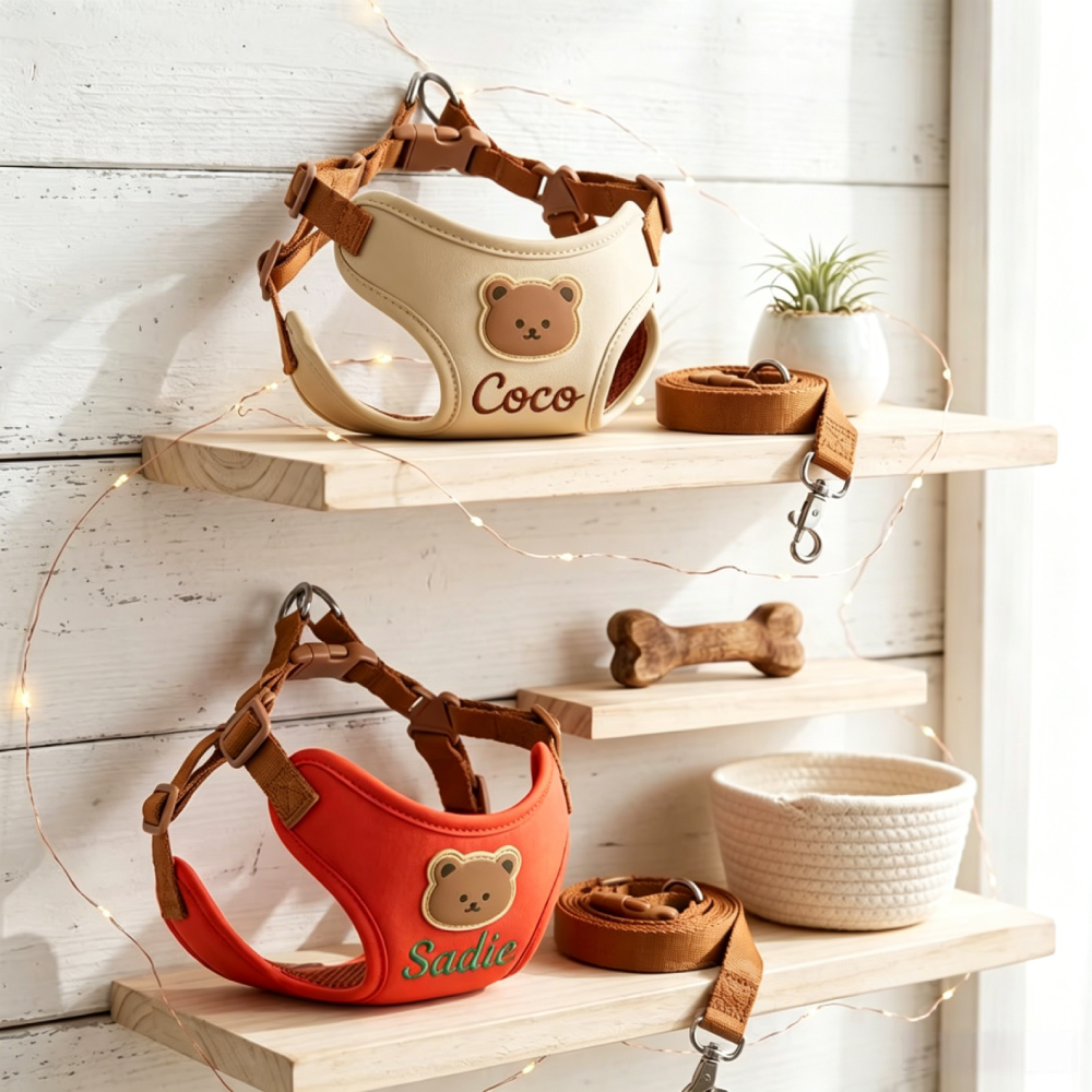 Personalized Embroidered Bear Patch Padded Dog Harness & Leash Set | MNAccs107
