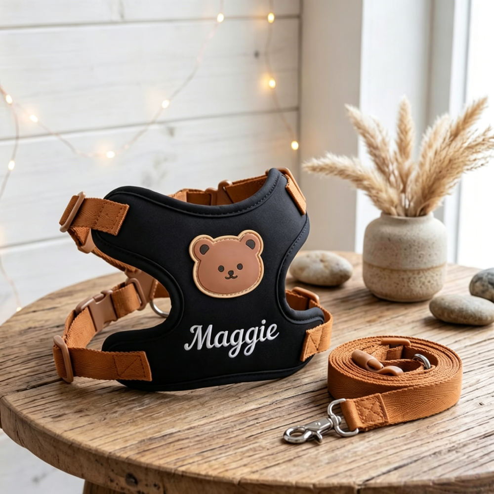 Personalized Embroidered Bear Patch Padded Dog Harness & Leash Set | MNAccs107