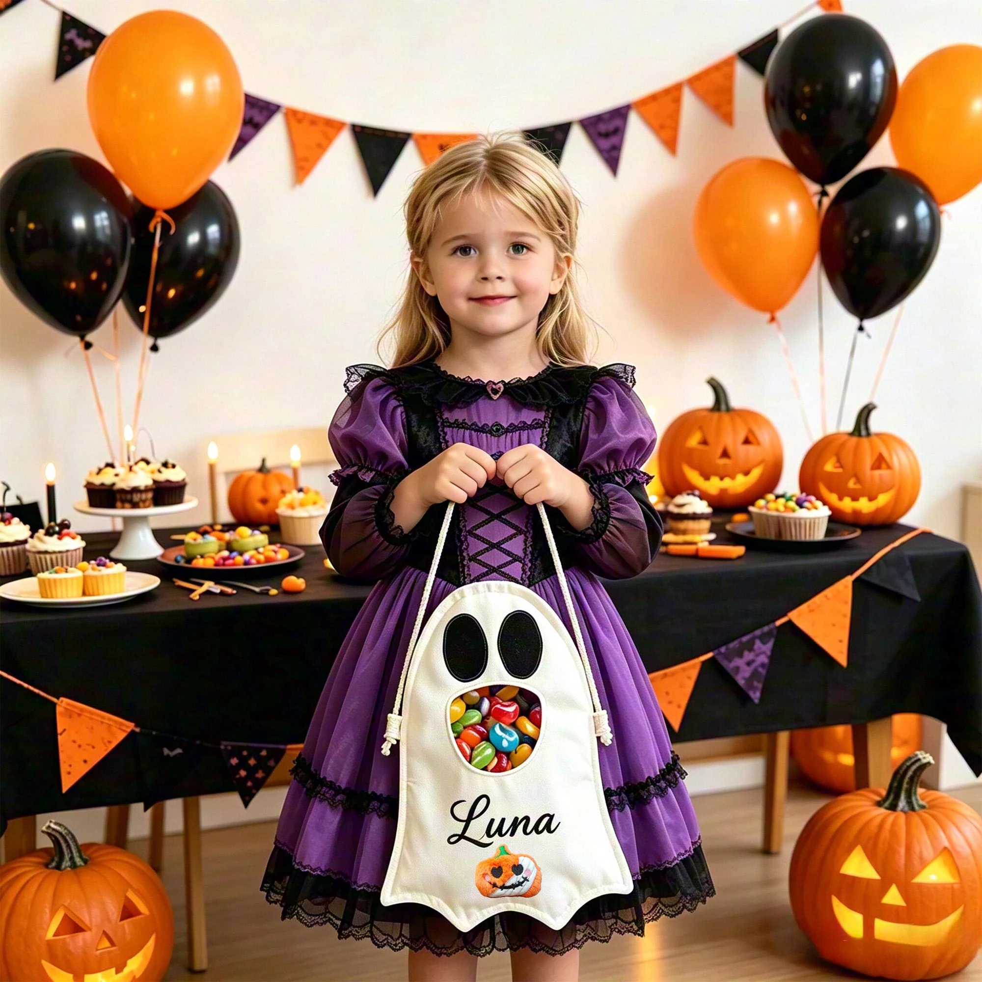 Personalized Ghost Drawstring Trick Or Treat Bag | MNHalloween02