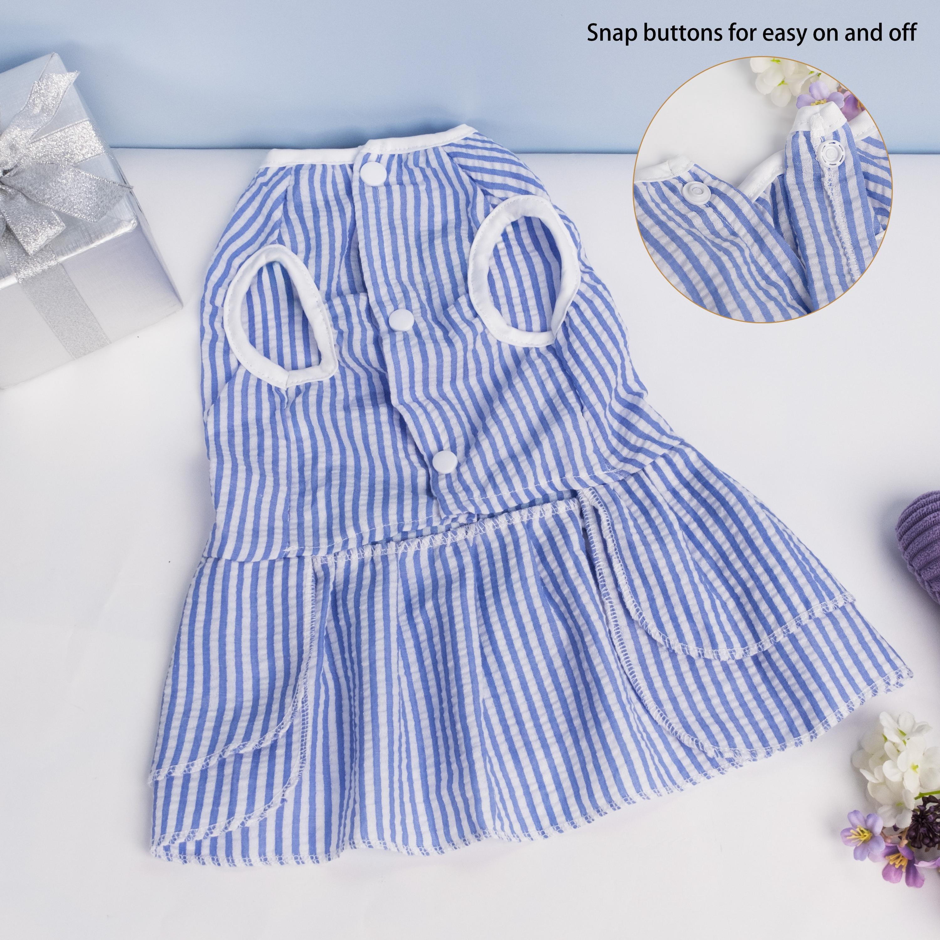 Personalized Embroidery Striped Seersuker Cute Pet Dress with Bow | MNCloth206