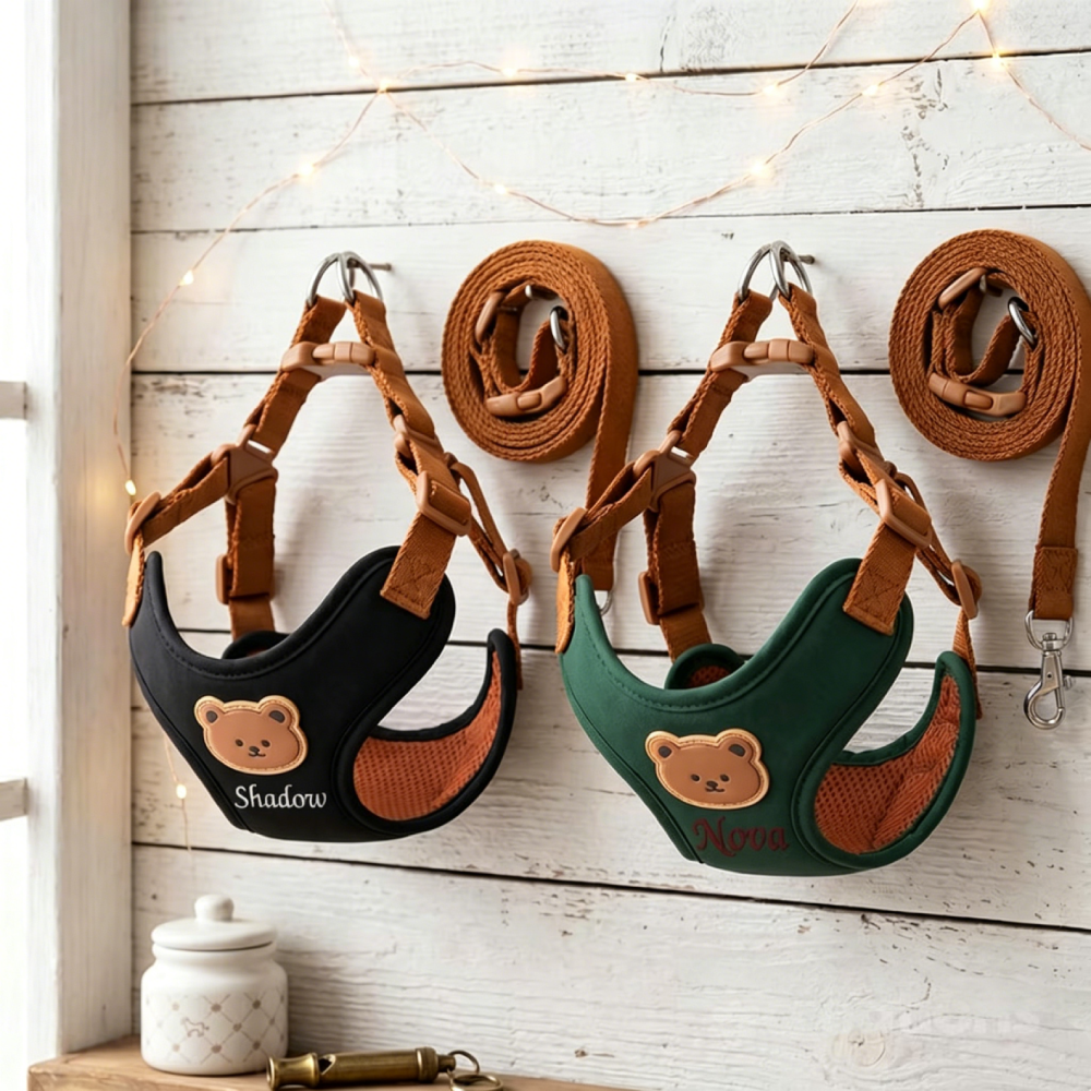 Personalized Embroidered Bear Patch Padded Dog Harness & Leash Set | MNAccs107