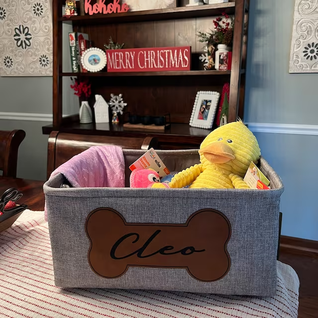 Personalized Leather Patch Pet Fabric Toy Basket | BKPet53