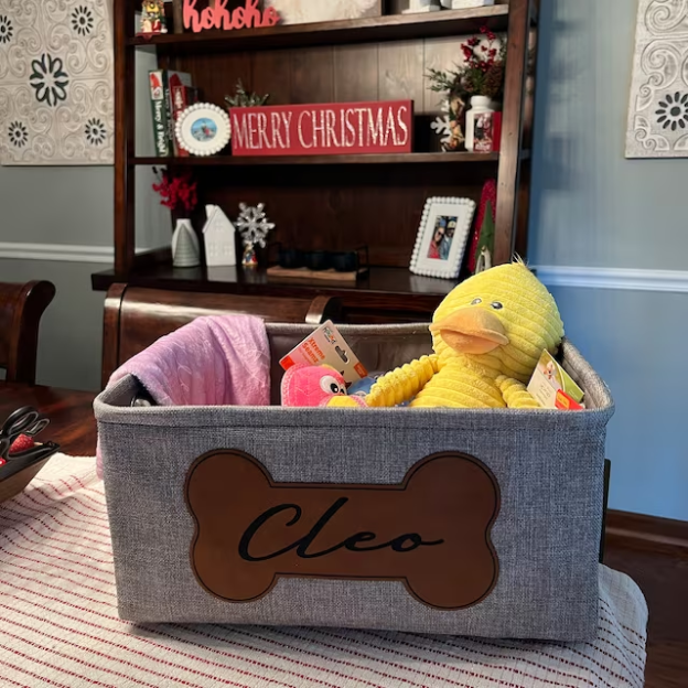 Personalized Leather Patch Pet Fabric Toy Basket | BKPet53